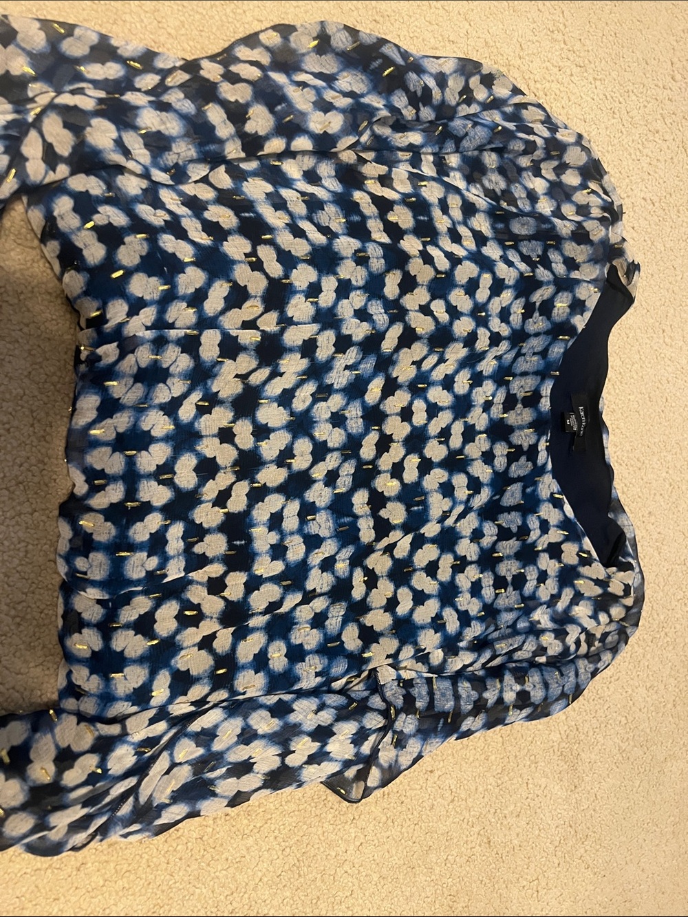 Karen Kane Navy Blue Printed Blouse with White and Gold Spots